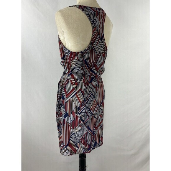 Parker Wrap Dress Blue Red Print Medium Silk Racer Back Knee Length Sleeveless - Picture 2 of 9